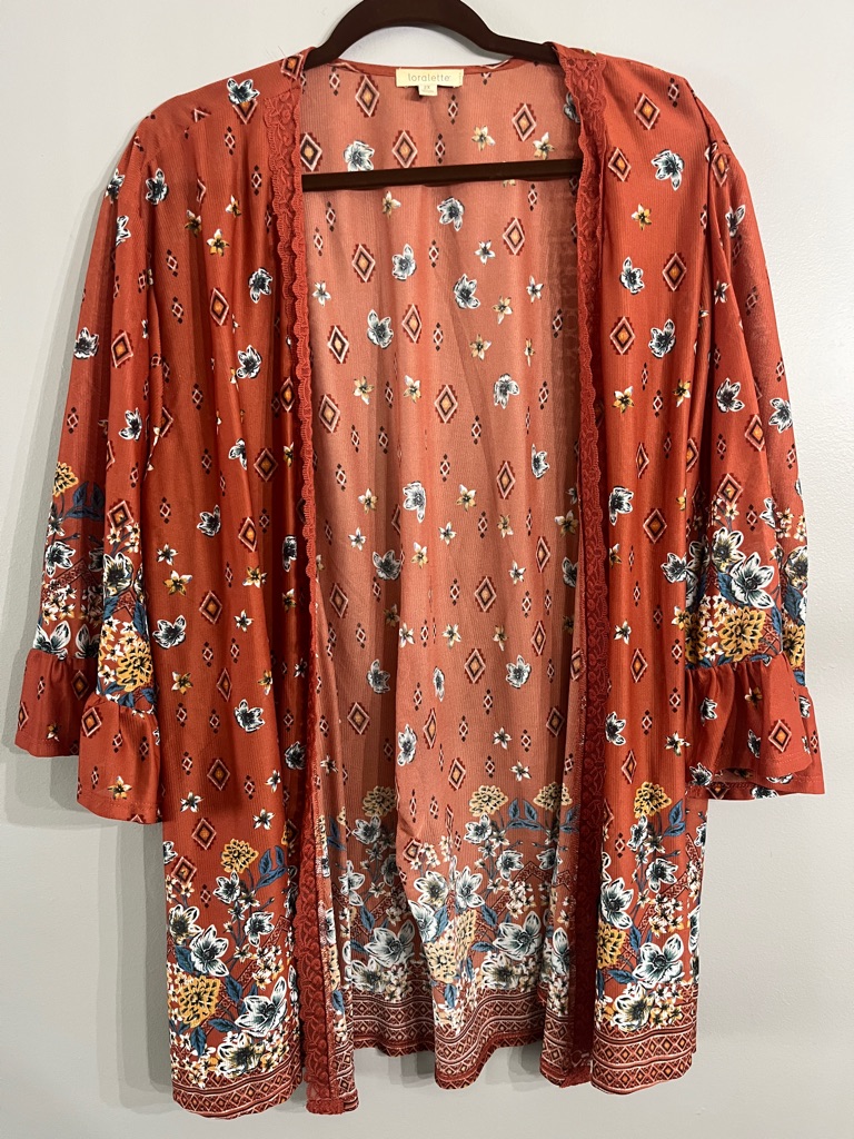 Loralette Rust Floral & Diamond Print Open Cardigan